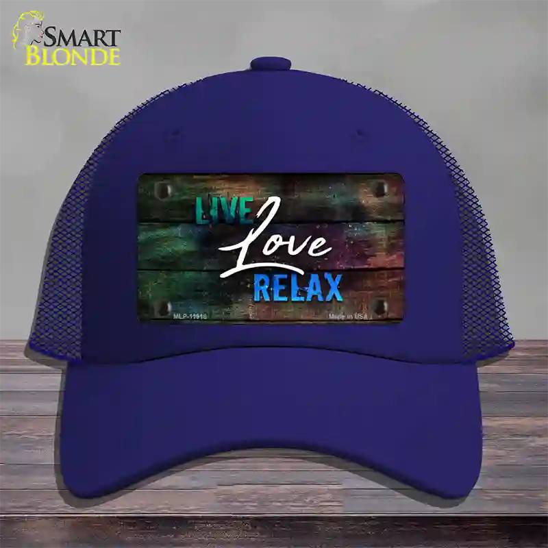 Live Love Relax Novelty License Plate Hat Mesh / Royal Blue