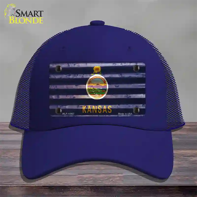 Kansas Corrugated Flag Novelty License Plate Hat Mesh / Royal Blue