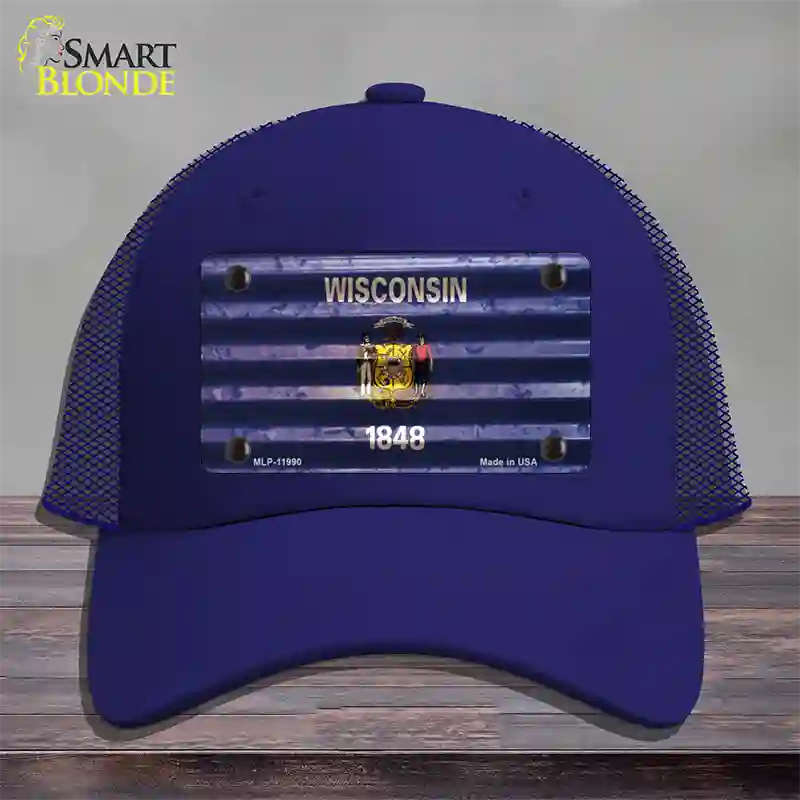 Wisconsin Corrugated Flag Novelty License Plate Hat Mesh / Royal Blue