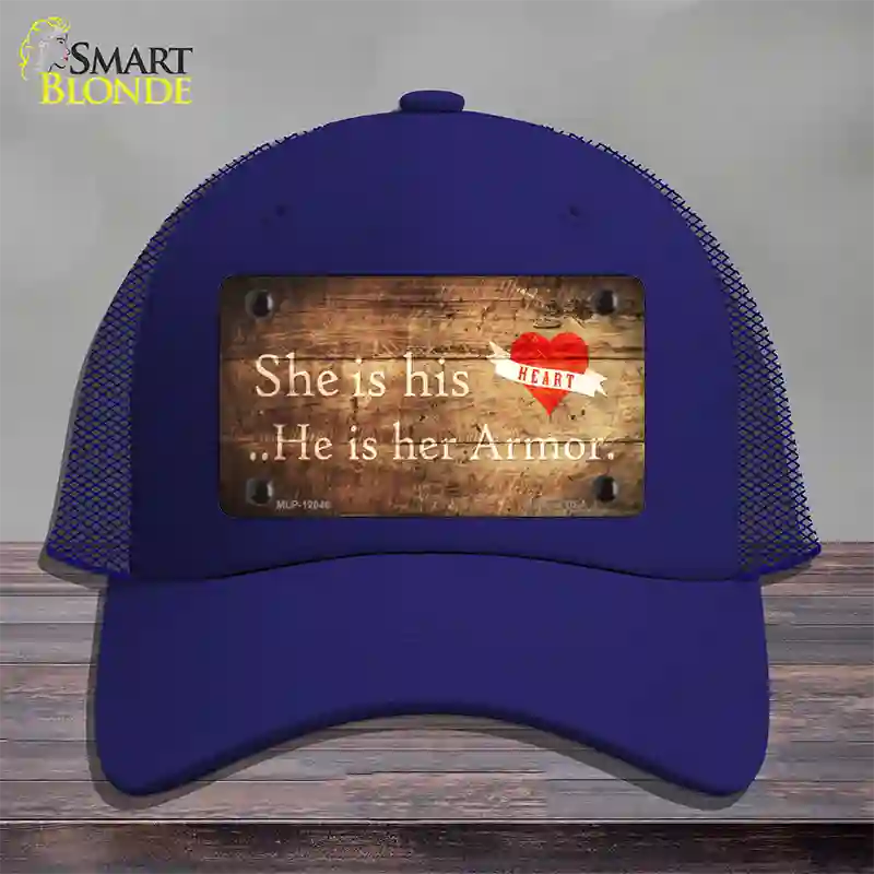 His Heart Her Armor Novelty License Plate Hat Mesh / Royal Blue