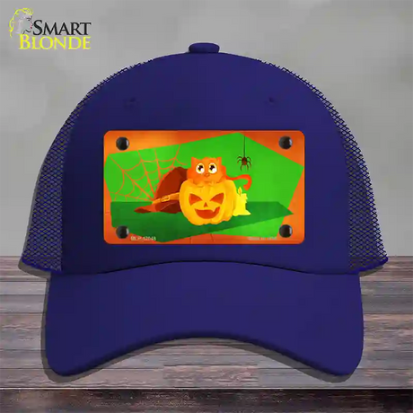 Pumpkin Kitty Novelty License Plate Hat Mesh / Royal Blue