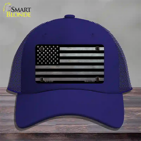 American Flag Black and Gray Novelty License Plate Hat Mesh / Royal Blue