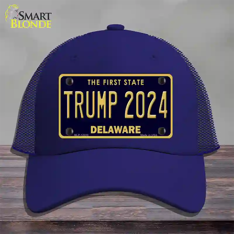 Trump 2024 Delaware Novelty License Plate Hat Mesh / Royal Blue