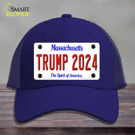 Trump 2024 Massachusetts Novelty License Plate Hat Mesh / Royal Blue