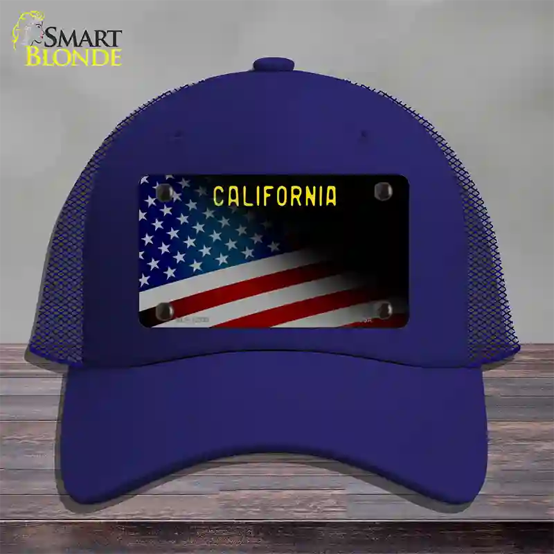 California with American Flag Novelty License Plate Hat Mesh / Royal Blue