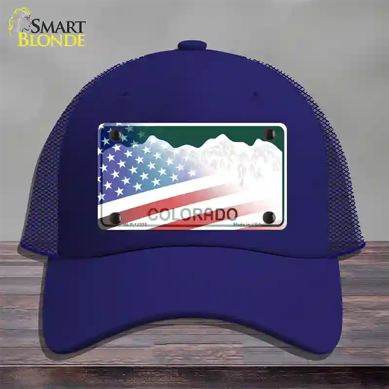 Colorado with American Flag Novelty License Plate Hat Mesh / Royal Blue