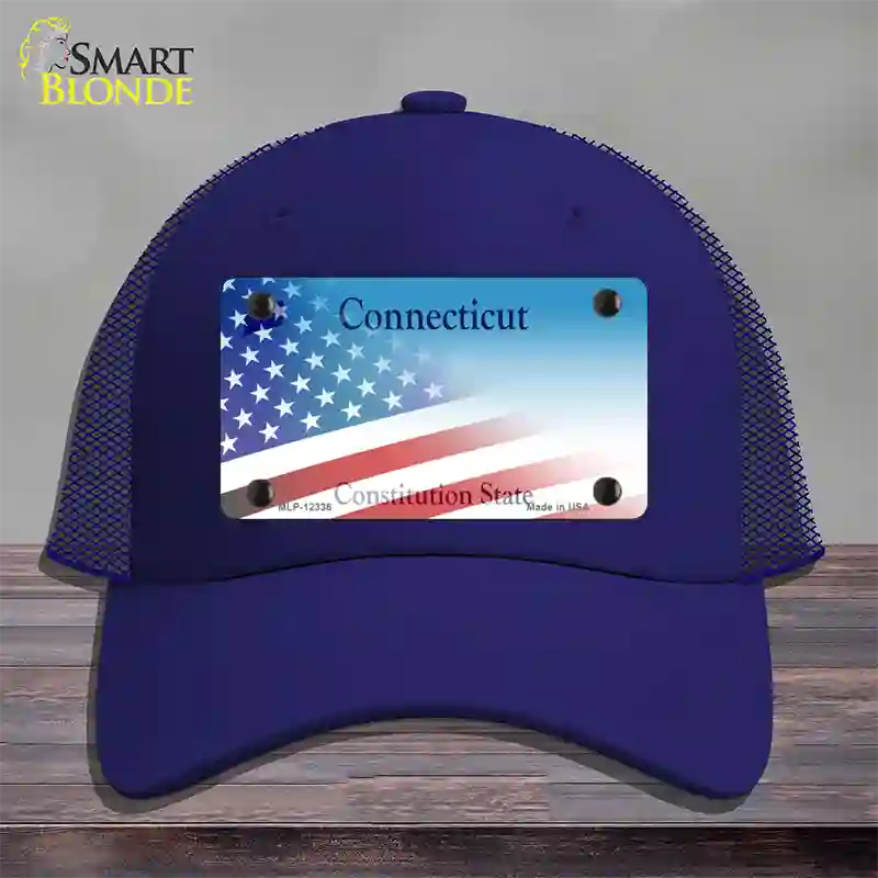 Connecticut with American Flag Novelty License Plate Hat Mesh / Royal Blue