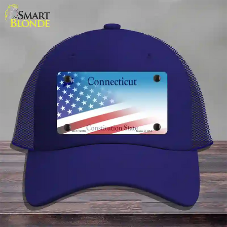 Connecticut with American Flag Novelty License Plate Hat Mesh / Royal Blue