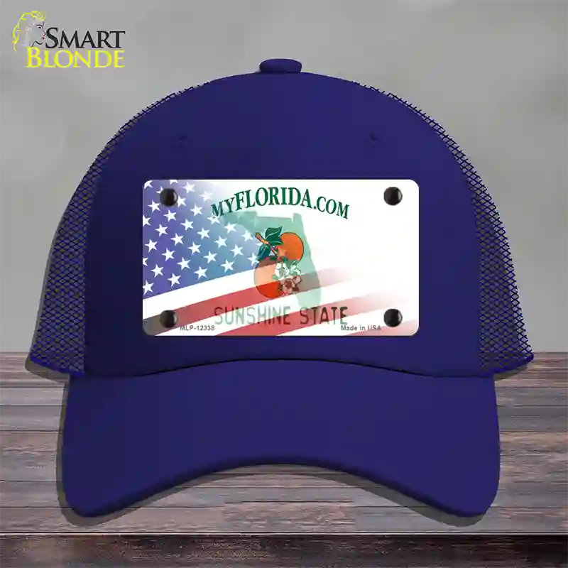 Florida with American Flag Novelty License Plate Hat Mesh / Royal Blue