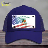 Florida with American Flag Novelty License Plate Hat Mesh / Royal Blue