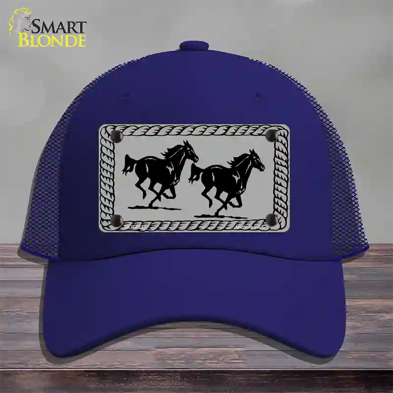 Two Running Horses Novelty License Plate Hat Mesh / Royal Blue