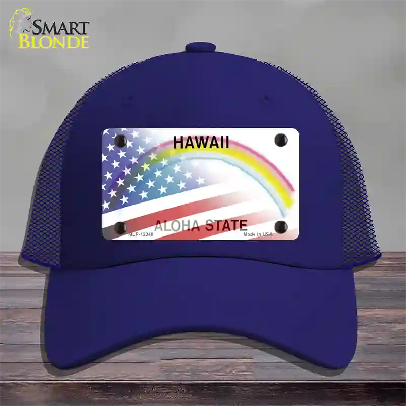 Hawaii with American Flag Novelty License Plate Hat Mesh / Royal Blue