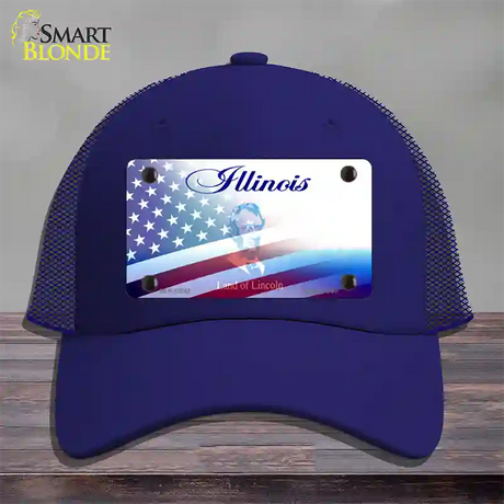 Illinois with American Flag Novelty License Plate Hat Mesh / Royal Blue