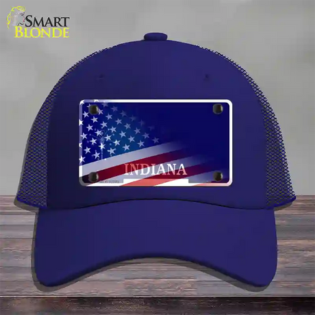 Indiana with American Flag Novelty License Plate Hat Mesh / Royal Blue