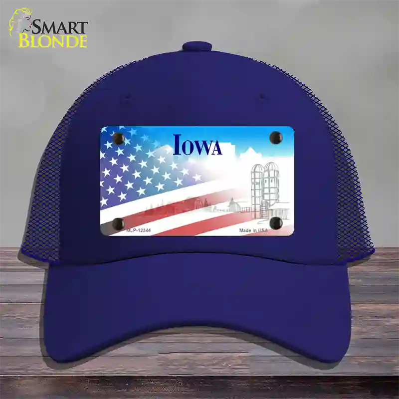 Iowa with American Flag Novelty License Plate Hat Mesh / Royal Blue