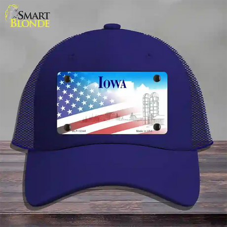 Iowa with American Flag Novelty License Plate Hat Mesh / Royal Blue