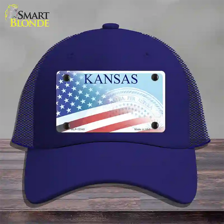 Kansas with American Flag Novelty License Plate Hat Mesh / Royal Blue