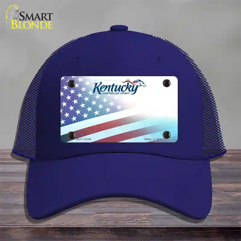 Kentucky with American Flag Novelty License Plate Hat Mesh / Royal Blue