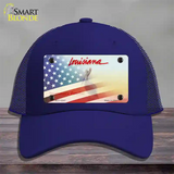 Louisiana with American Flag Novelty License Plate Hat Mesh / Royal Blue