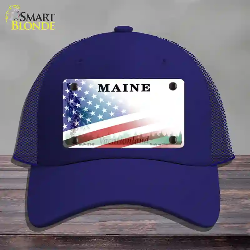 Maine with American Flag Novelty License Plate Hat Mesh / Royal Blue