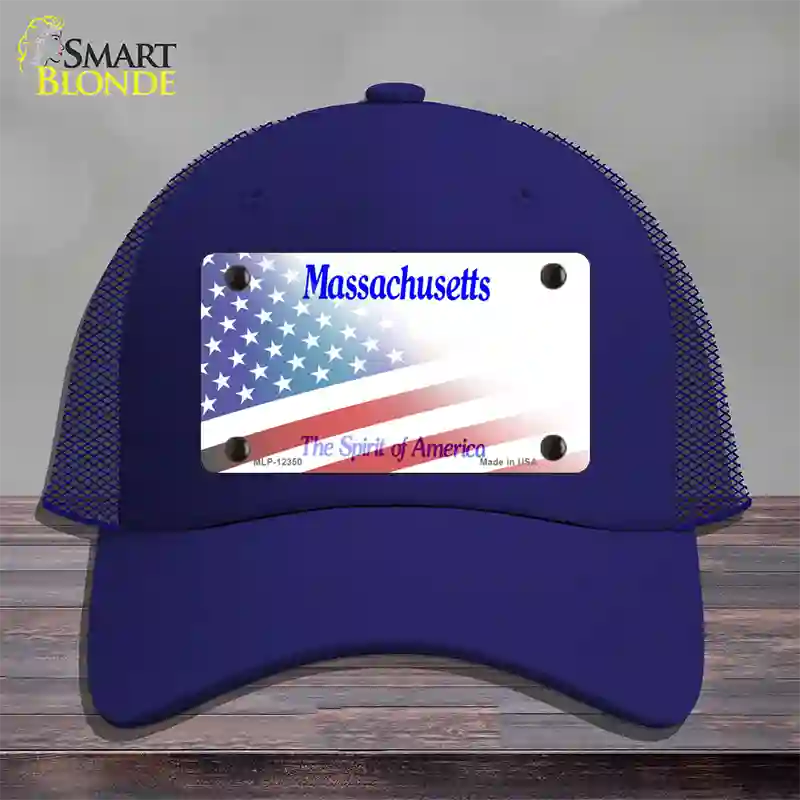 Massachusetts with American Flag Novelty License Plate Hat Mesh / Royal Blue