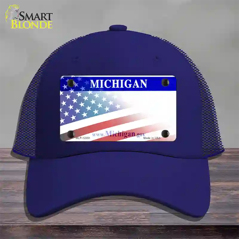 Michigan with American Flag Novelty License Plate Hat Mesh / Royal Blue