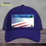 Minnesota with American Flag Novelty License Plate Hat Mesh / Royal Blue