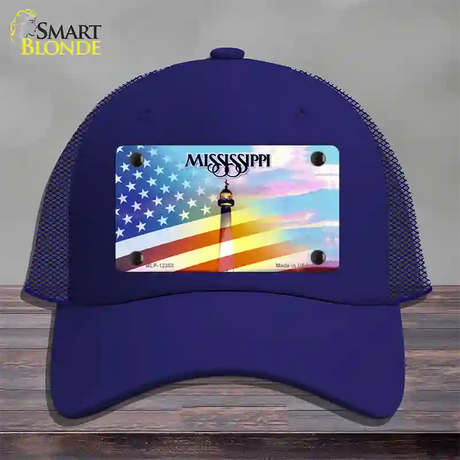 Mississippi with American Flag Novelty License Plate Hat Mesh / Royal Blue