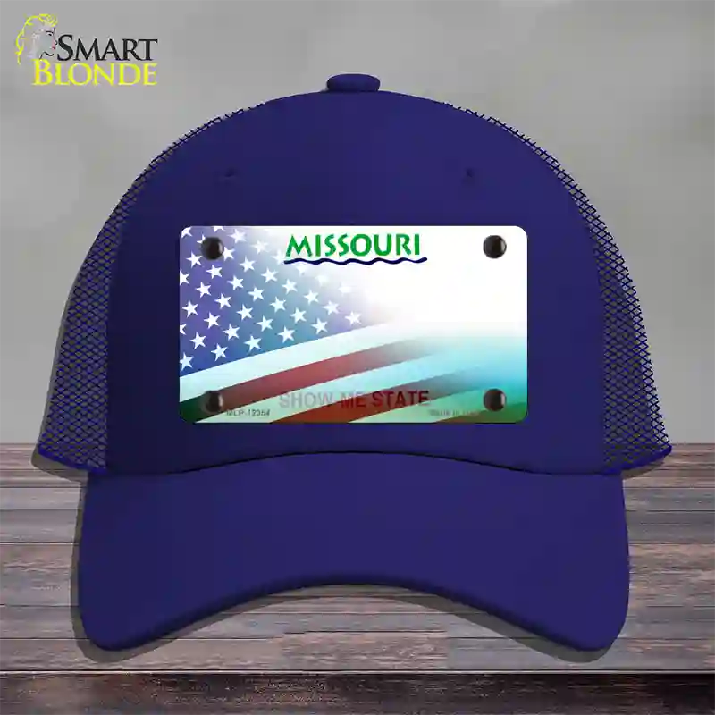 Missouri with American Flag Novelty License Plate Hat Mesh / Royal Blue