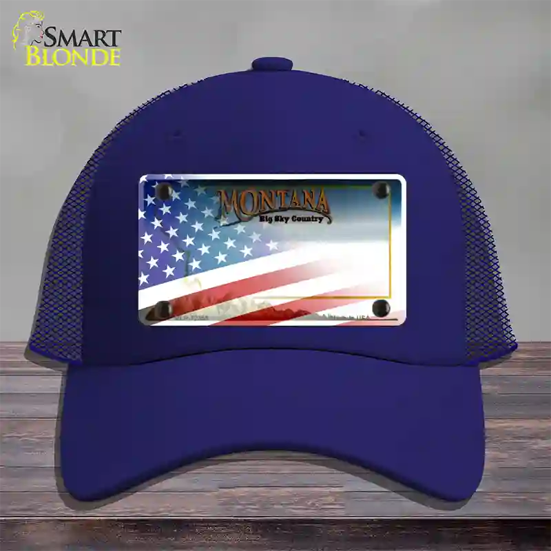 Montana with American Flag Novelty License Plate Hat Mesh / Royal Blue