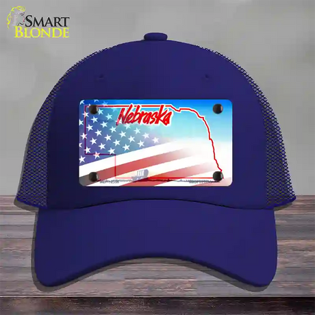 Nebraska with American Flag Novelty License Plate Hat Mesh / Royal Blue