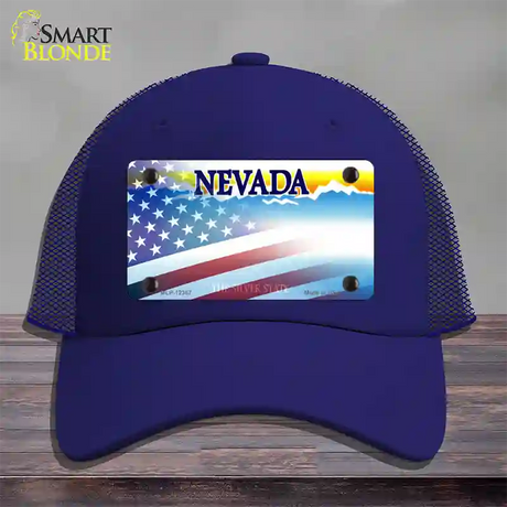 Nevada with American Flag Novelty License Plate Hat Mesh / Royal Blue