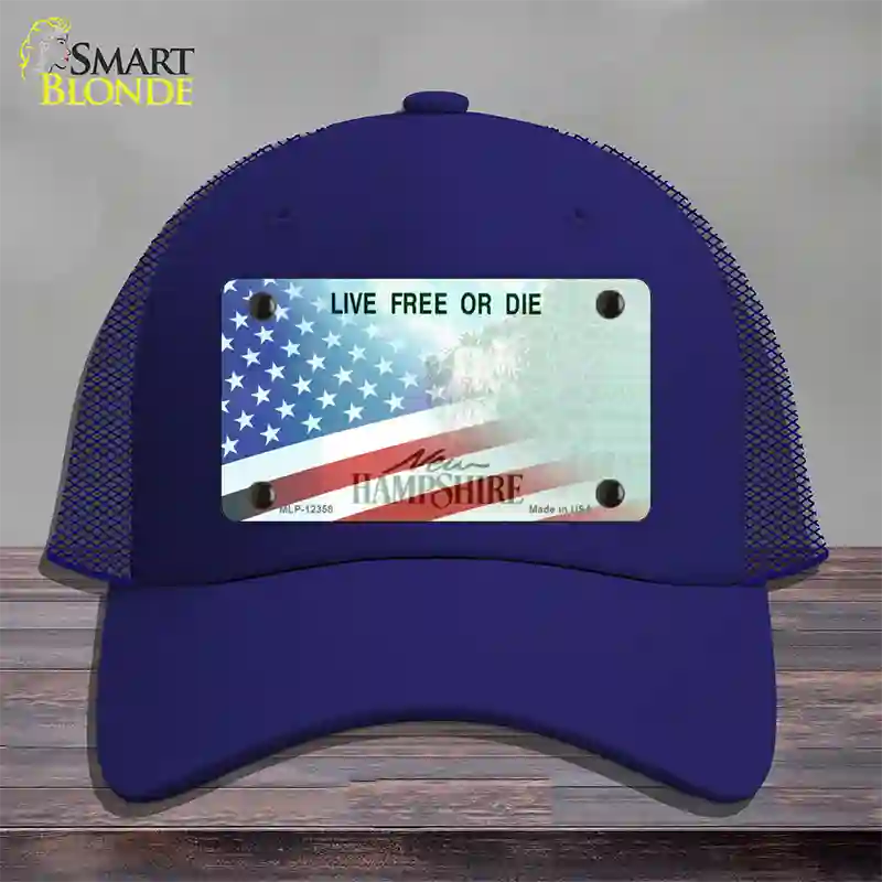 New Hampshire with American Flag Novelty License Plate Hat Mesh / Royal Blue