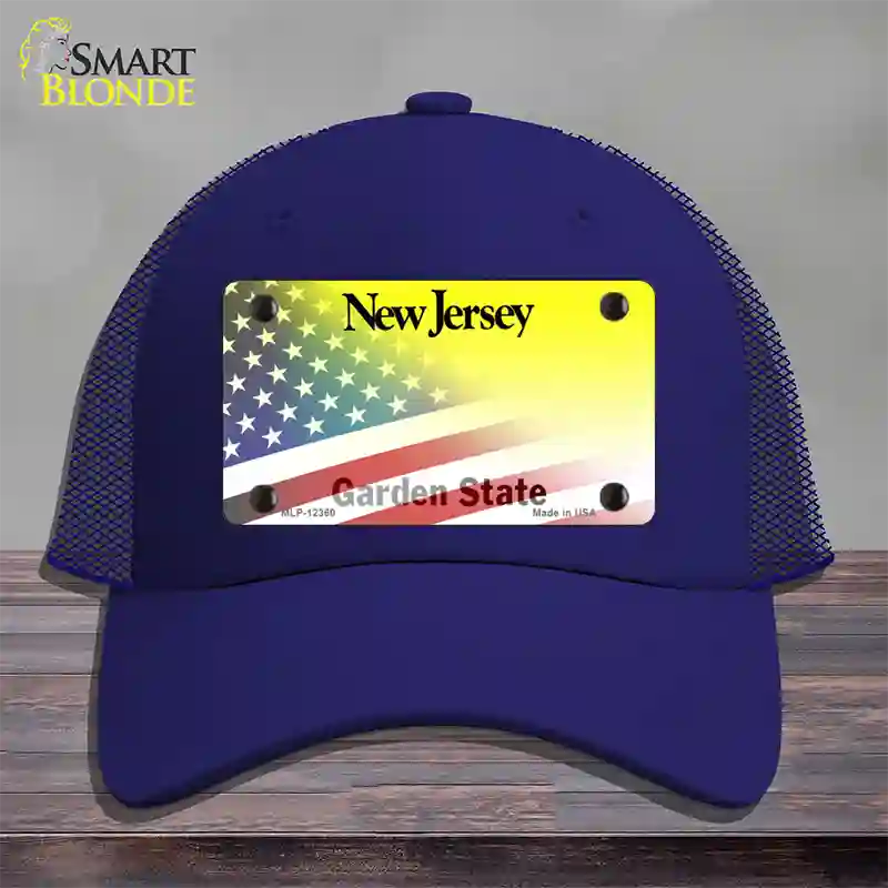 New Jersey with American Flag Novelty License Plate Hat Mesh / Royal Blue