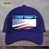 New York with American Flag Novelty License Plate Hat Mesh / Royal Blue