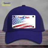 North Carolina with American Flag Novelty License Plate Hat Mesh / Royal Blue