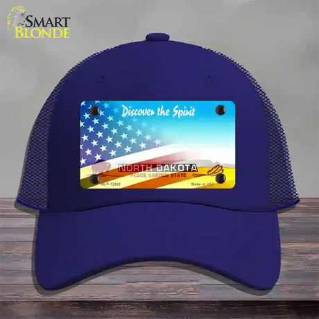 North Dakota with American Flag Novelty License Plate Hat Mesh / Royal Blue