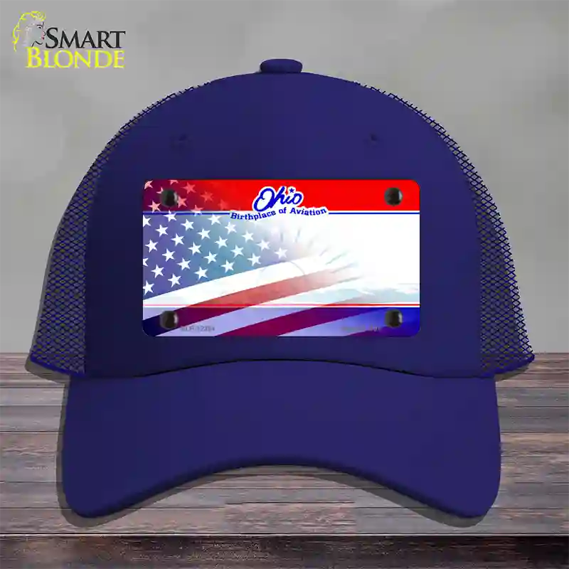 Ohio with American Flag Novelty License Plate Hat Mesh / Royal Blue