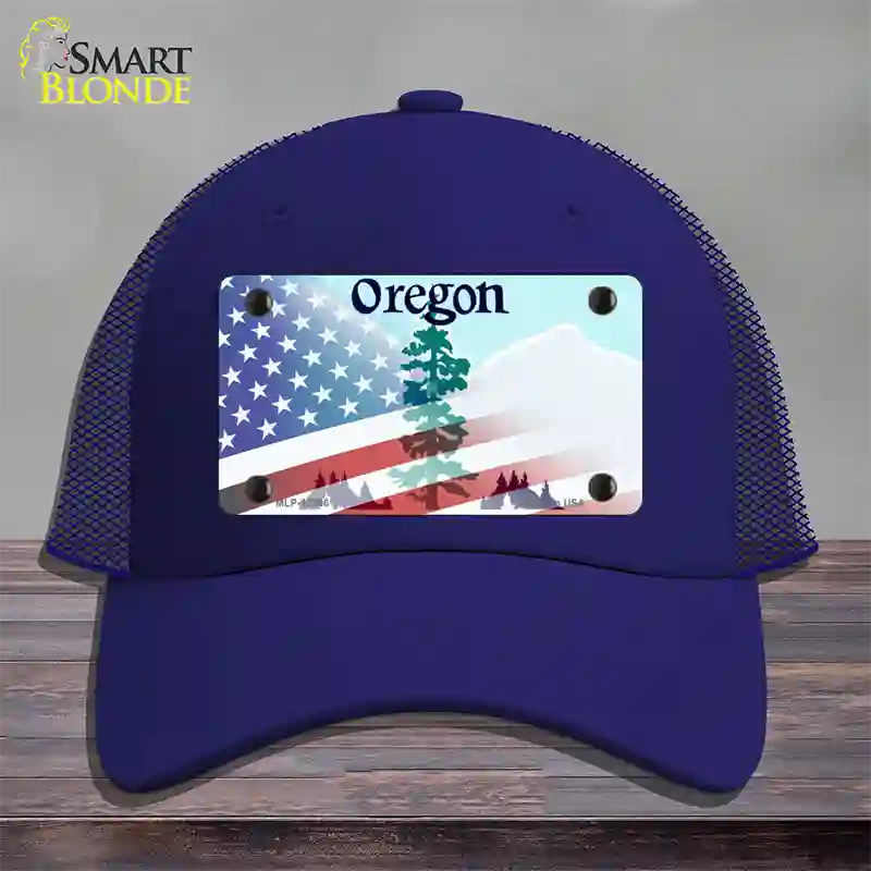 Oregon with American Flag Novelty License Plate Hat Mesh / Royal Blue