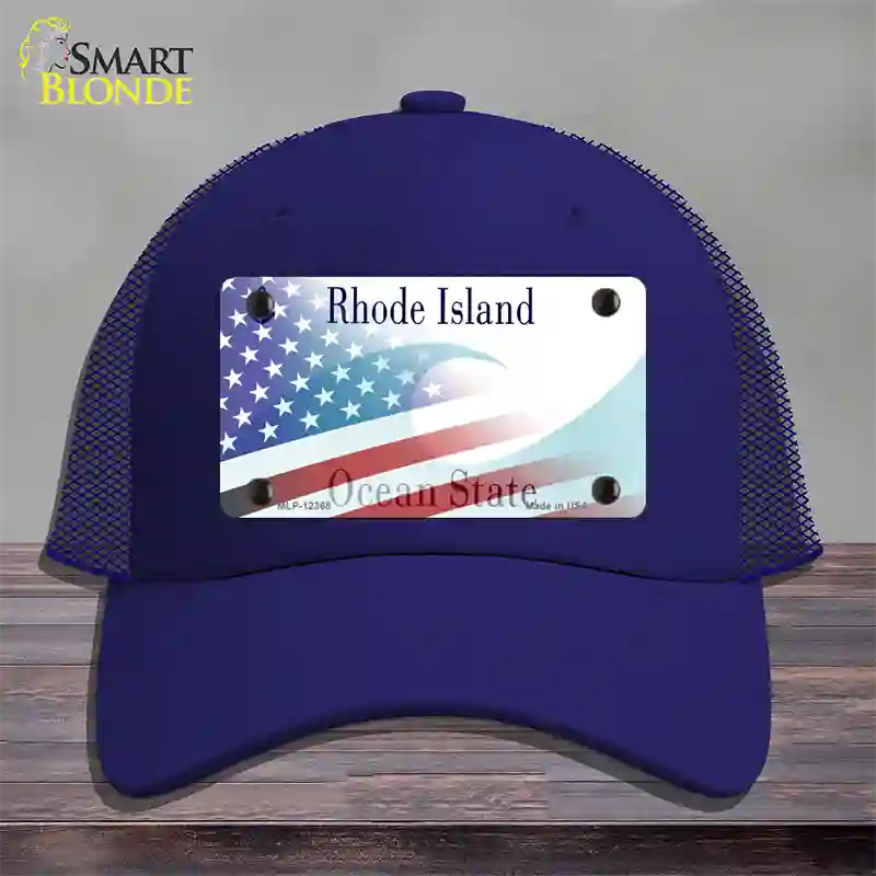 Rhode Island with American Flag Novelty License Plate Hat Mesh / Royal Blue