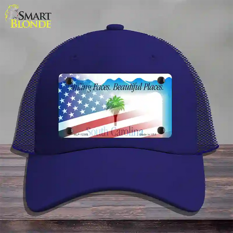 South Carolina with American Flag Novelty License Plate Hat Mesh / Royal Blue