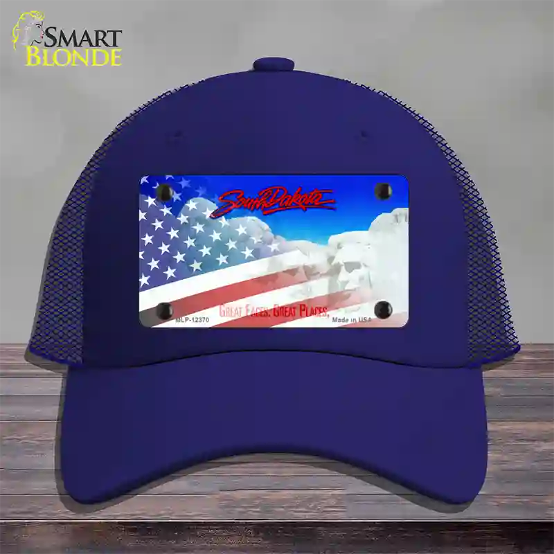 South Dakota with American Flag Novelty License Plate Hat Mesh / Royal Blue