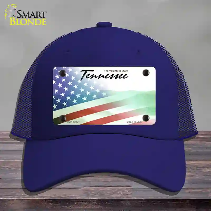 Tennessee with American Flag Novelty License Plate Hat Mesh / Royal Blue