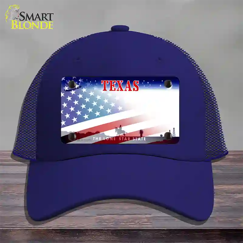 Texas with American Flag Novelty License Plate Hat Mesh / Royal Blue