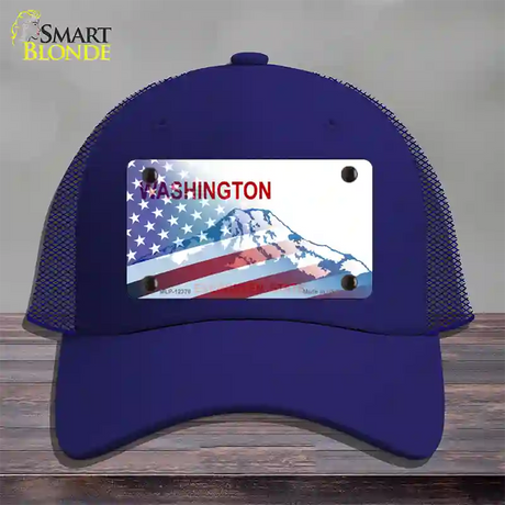 Washington with American Flag Novelty License Plate Hat Mesh / Royal Blue