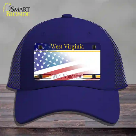 West Virginia with American Flag Novelty License Plate Hat Mesh / Royal Blue