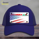 Wisconsin with American Flag Novelty License Plate Hat Mesh / Royal Blue