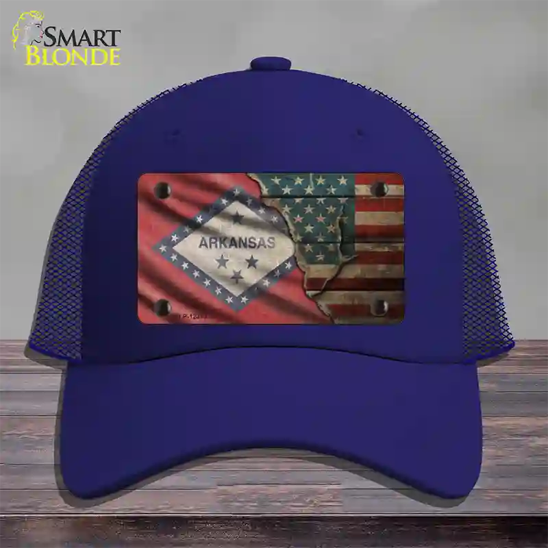 Arkansas/American Flag Novelty License Plate Hat Mesh / Royal Blue