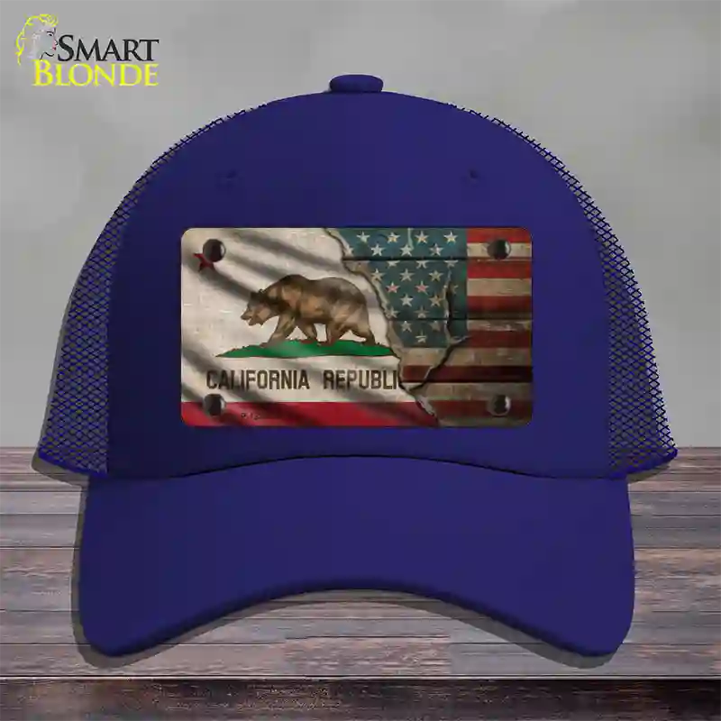 California/American Flag Novelty License Plate Hat Mesh / Royal Blue