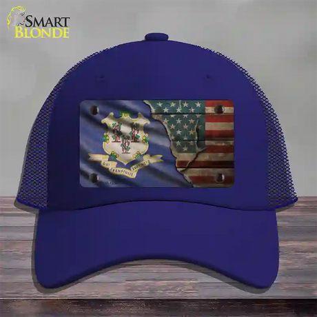 Connecticut/American Flag Novelty License Plate Hat Mesh / Royal Blue